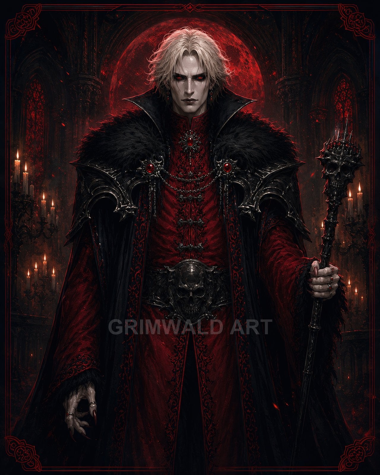 Pale male vampire necromancer in ornate crimson and black robes holds a skull-topped staff within a candlelit gothic cathedral, framed by a looming blood-red moon.