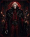 GRID THUMBNAIL — Pale male vampire necromancer in ornate crimson and black robes holds a skull-topped staff within a candlelit gothic cathedral, framed by a looming blood-red moon.