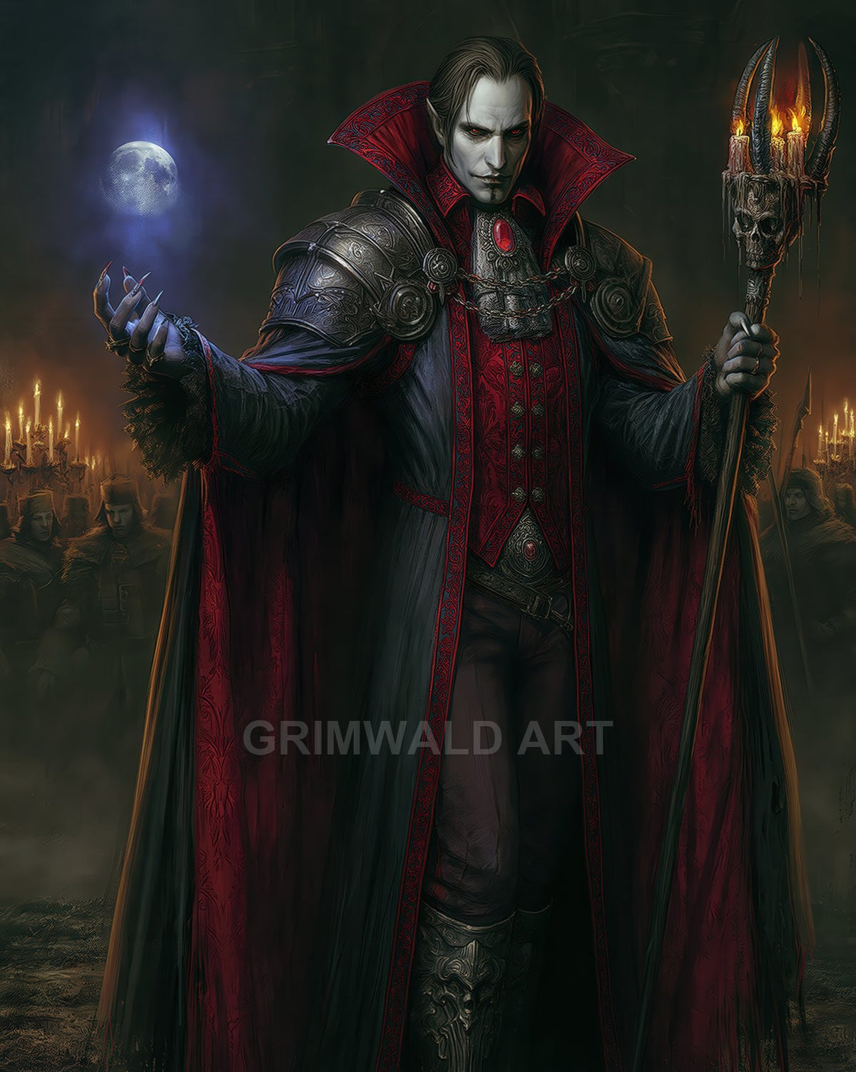 A pale vampire aristocrat in ornate red cloak and armour conjures a glowing moon and grips a skull-crowned staff amid candlelit followers.