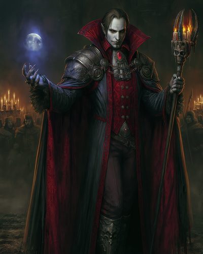 GRID THUMBNAIL — A pale vampire aristocrat in ornate red cloak and armour conjures a glowing moon and grips a skull-crowned staff amid candlelit followers.