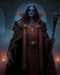 GRID THUMBNAIL — Blue-skinned, red-eyed vampire necromancer in ornate crimson robes holds a skull-topped staff within a dim gothic hall lit by candles.