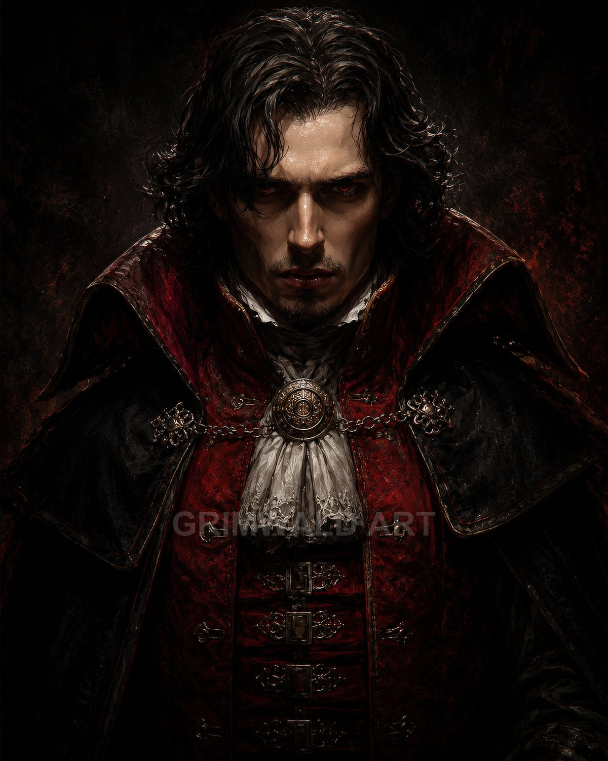 Dark portrait of a pale, red-eyed male vampire in ornate red and black cloak with gold clasp and lace cravat, facing forward.
