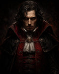 GRID THUMBNAIL — Dark portrait of a pale, red-eyed male vampire in ornate red and black cloak with gold clasp and lace cravat, facing forward.