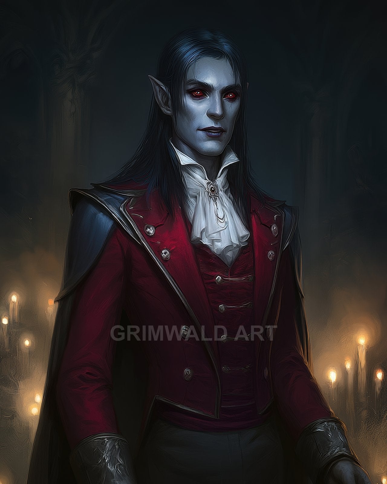 Pale male vampire with red eyes and pointed ears in crimson coat and cloak, posed in a candlelit gothic hall with drifting shadows.