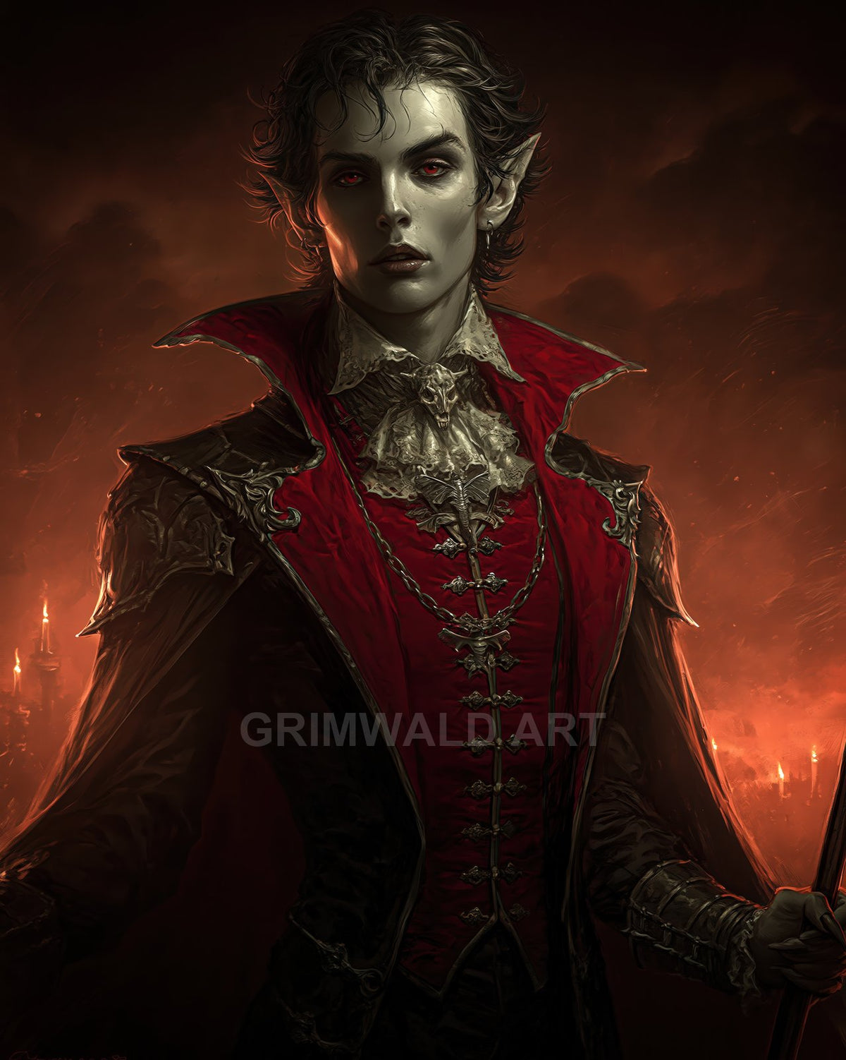 Androgynous vampire noble with red eyes and pointed ears in ornate crimson and black attire, candlelit background glowing with fiery smoke and shadows.