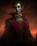 GRID THUMBNAIL — Androgynous vampire noble with red eyes and pointed ears in ornate crimson and black attire, candlelit background glowing with fiery smoke and shadows.
