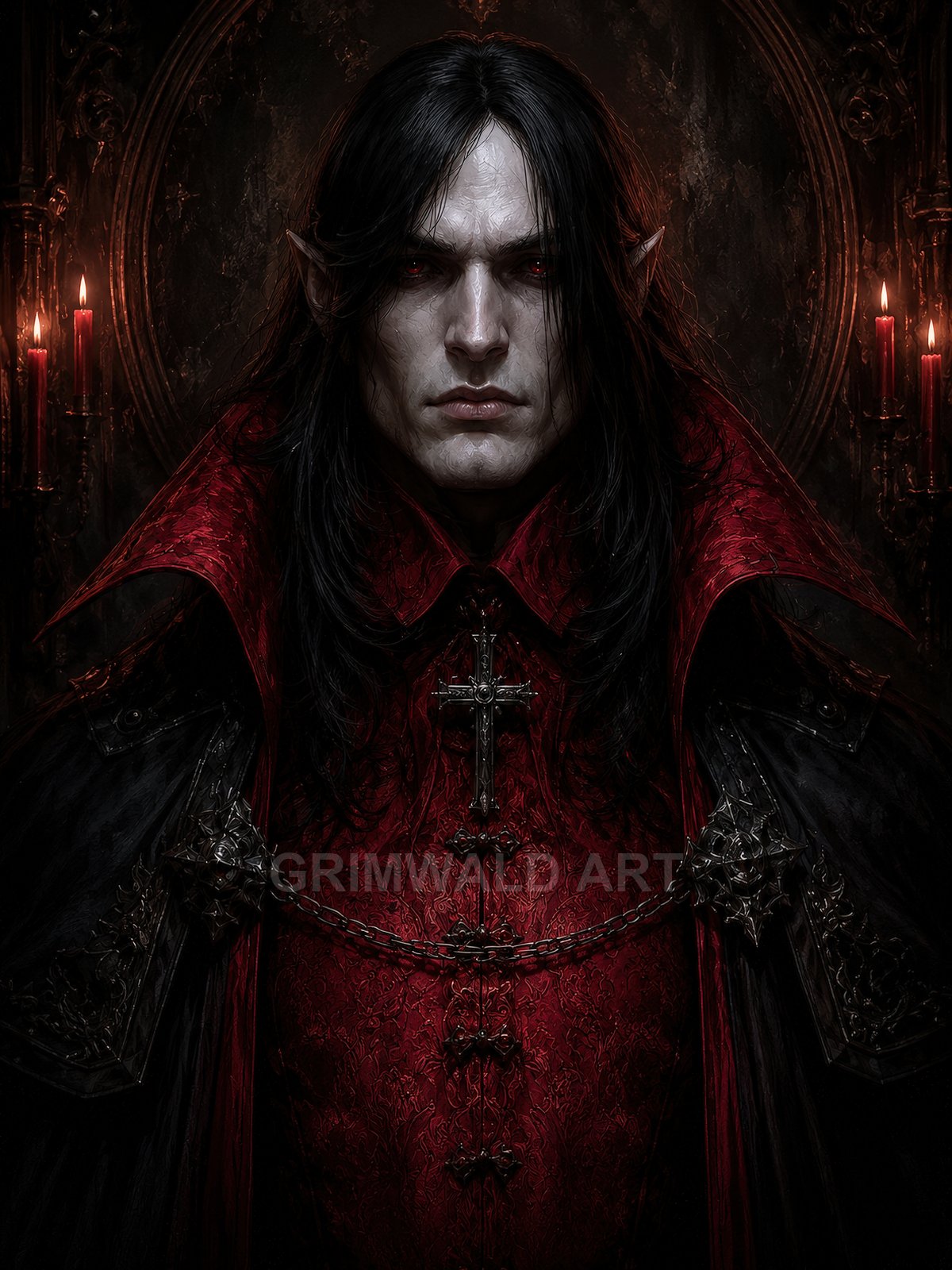 Gothic portrait of a pale, red-eyed male vampire in crimson brocade and black cloak, candles behind, chain and cross clasp across chest.
