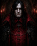GRID THUMBNAIL — Gothic portrait of a pale, red-eyed male vampire in crimson brocade and black cloak, candles behind, chain and cross clasp across chest.