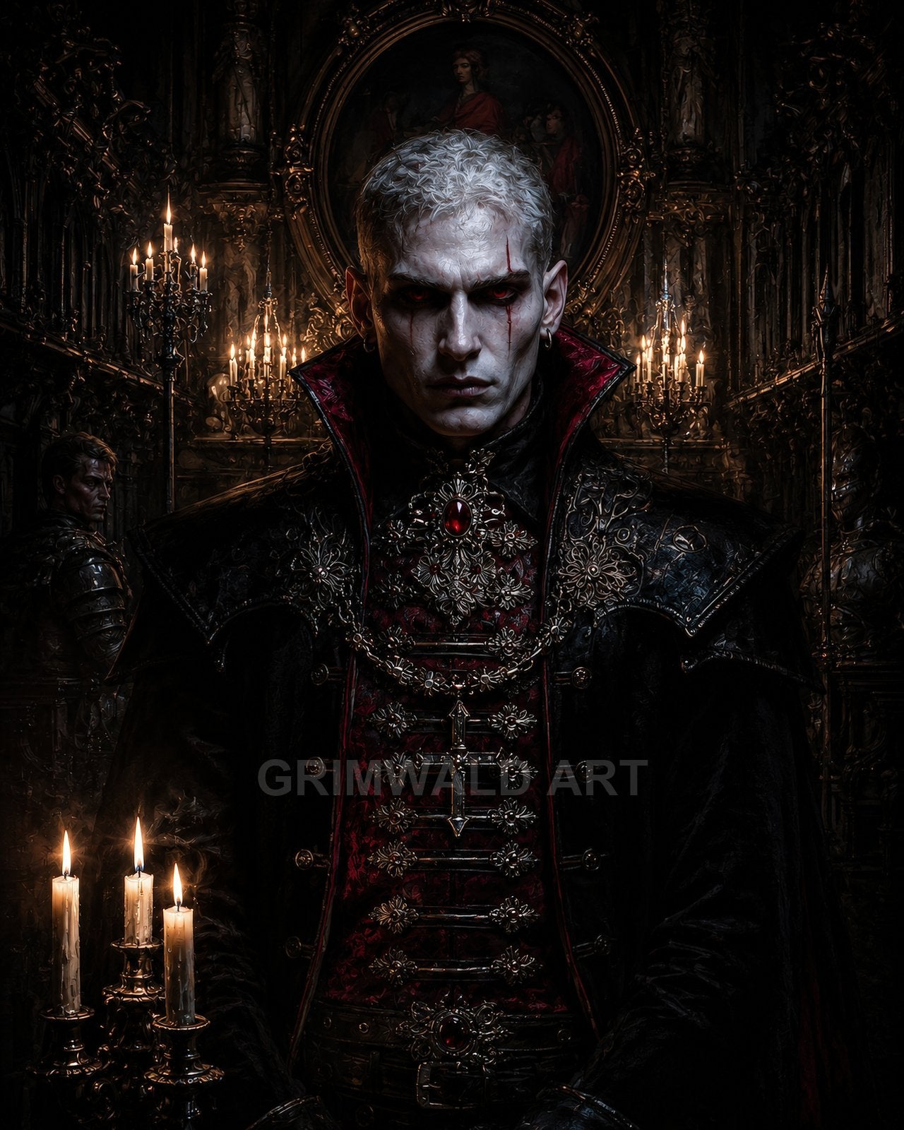 Pale male vampire noble in ornate black and crimson coat stands in candlelit gothic cathedral, red jewel and blood tear accenting his stern gaze.