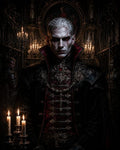 GRID THUMBNAIL — Pale male vampire noble in ornate black and crimson coat stands in candlelit gothic cathedral, red jewel and blood tear accenting his stern gaze.