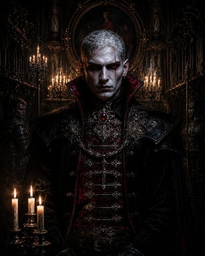 GRID THUMBNAIL — Pale male vampire noble in ornate black and crimson coat stands in candlelit gothic cathedral, red jewel and blood tear accenting his stern gaze.