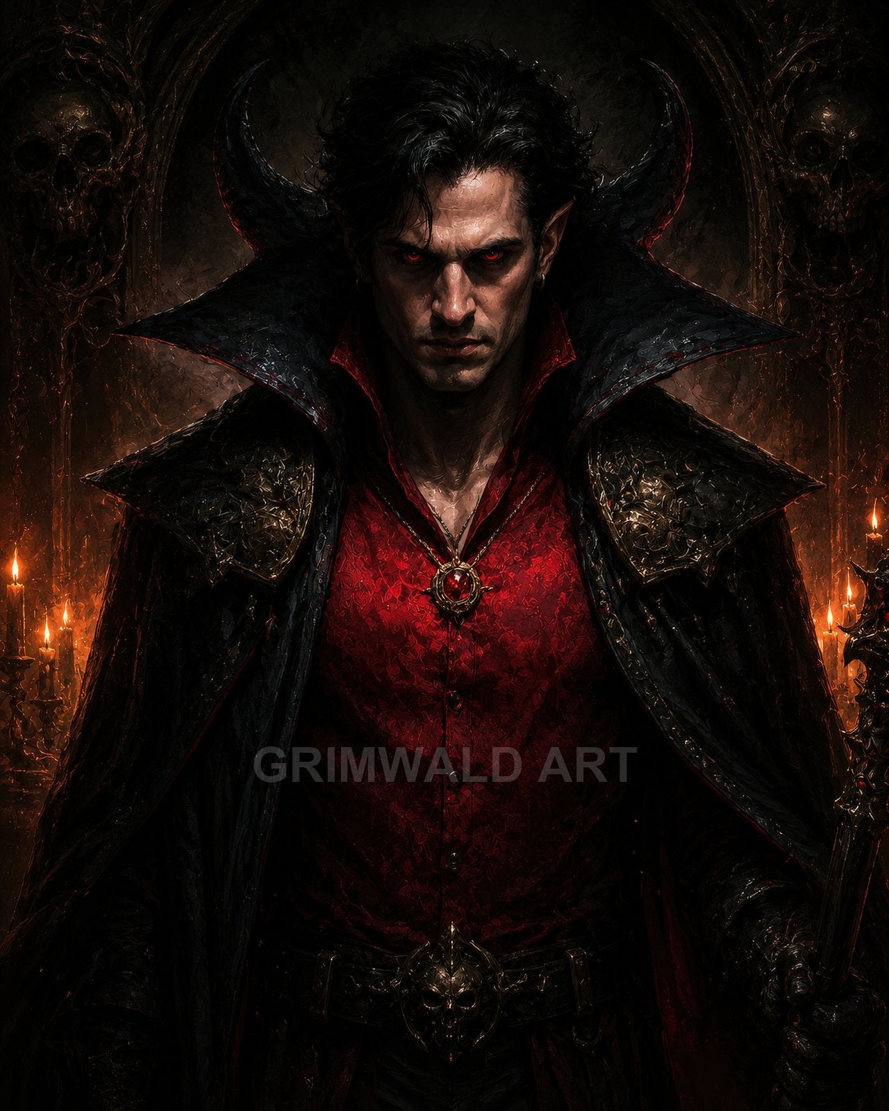 Dark-haired vampire noble with red eyes and an ornate red waistcoat, standing in a firelit crypt with skulls and candles, holding a staff.