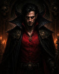 GRID THUMBNAIL — Dark-haired vampire noble with red eyes and an ornate red waistcoat, standing in a firelit crypt with skulls and candles, holding a staff.