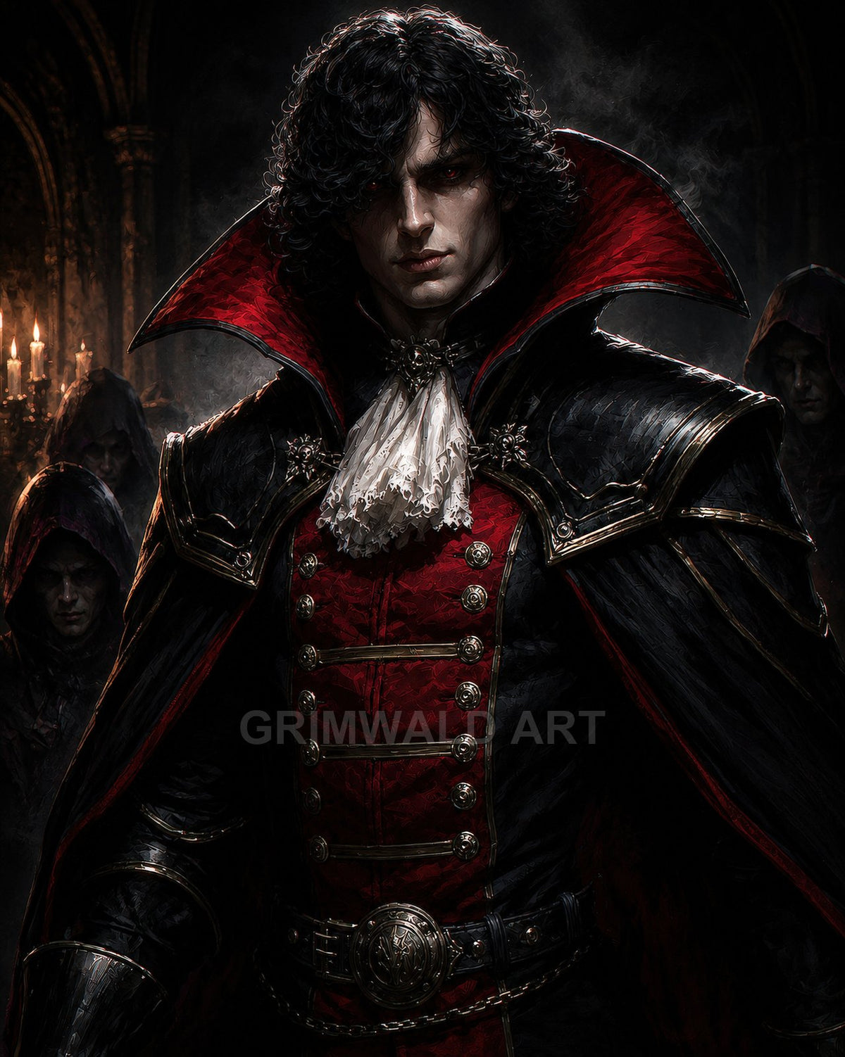 Pale, red-eyed vampire noble in ornate red and black coat with high collar stands in a candlelit castle hall, hooded figures lurking behind.