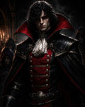 GRID THUMBNAIL — Pale, red-eyed vampire noble in ornate red and black coat with high collar stands in a candlelit castle hall, hooded figures lurking behind.