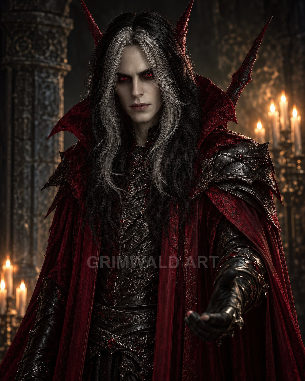 Androgynous vampire noble in ornate black armour and crimson cape, red eyes glowing, extending a gloved hand inside a candlelit gothic stone hall.