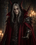 GRID THUMBNAIL — Androgynous vampire noble in ornate black armour and crimson cape, red eyes glowing, extending a gloved hand inside a candlelit gothic stone hall.