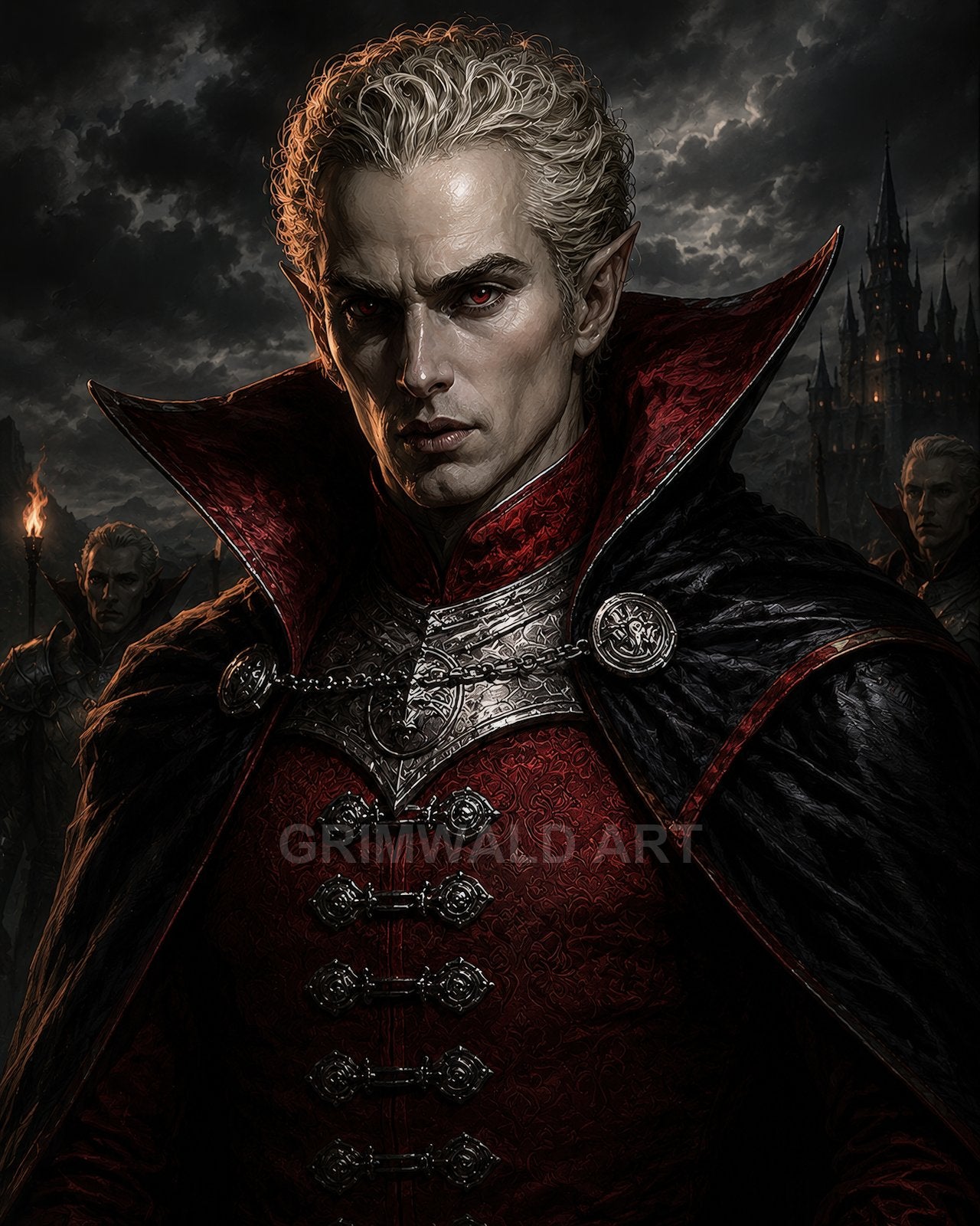 Portrait of a pale male vampire in ornate red-and-black armour and cloak, red eyes glowing, stormy night sky and gothic castle with torchbearers behind.