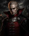 GRID THUMBNAIL — Portrait of a pale male vampire in ornate red-and-black armour and cloak, red eyes glowing, stormy night sky and gothic castle with torchbearers behind.