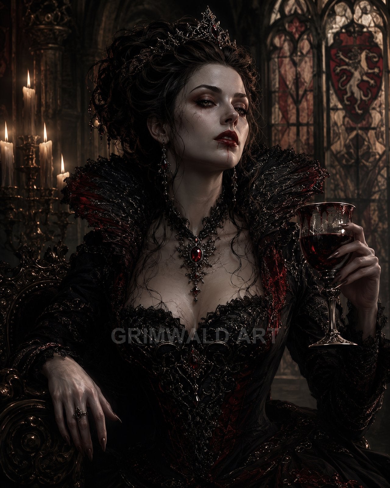 Gothic vampire queen in ornate black and red gown, crowned, holding a goblet in a candlelit cathedral with stained glass and heraldic banners.