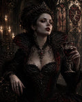 GRID THUMBNAIL — Gothic vampire queen in ornate black and red gown, crowned, holding a goblet in a candlelit cathedral with stained glass and heraldic banners.