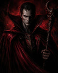 GRID THUMBNAIL — Dark fantasy portrait of a male vampire warlock in a crimson cloak, glowing red eyes, holding a horned skull-topped staff against swirling red shadows.