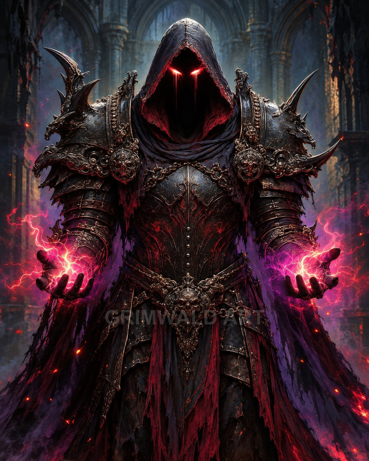 Armoured hooded figure with glowing red eyes conjures purple lightning between outstretched hands inside a ruined gothic cathedral, spiked armour and skull motifs.