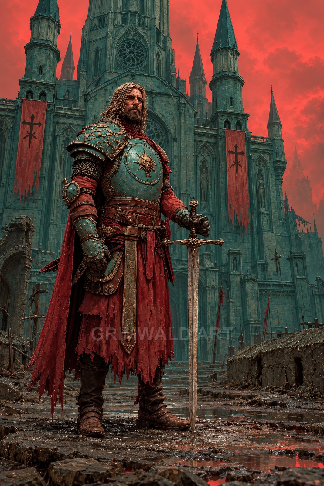A battle-worn knight in teal plate armour and tattered red cloak stands with a longsword before a vast gothic cathedral under a blood-red sky.
