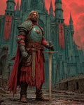 GRID THUMBNAIL — A battle-worn knight in teal plate armour and tattered red cloak stands with a longsword before a vast gothic cathedral under a blood-red sky.