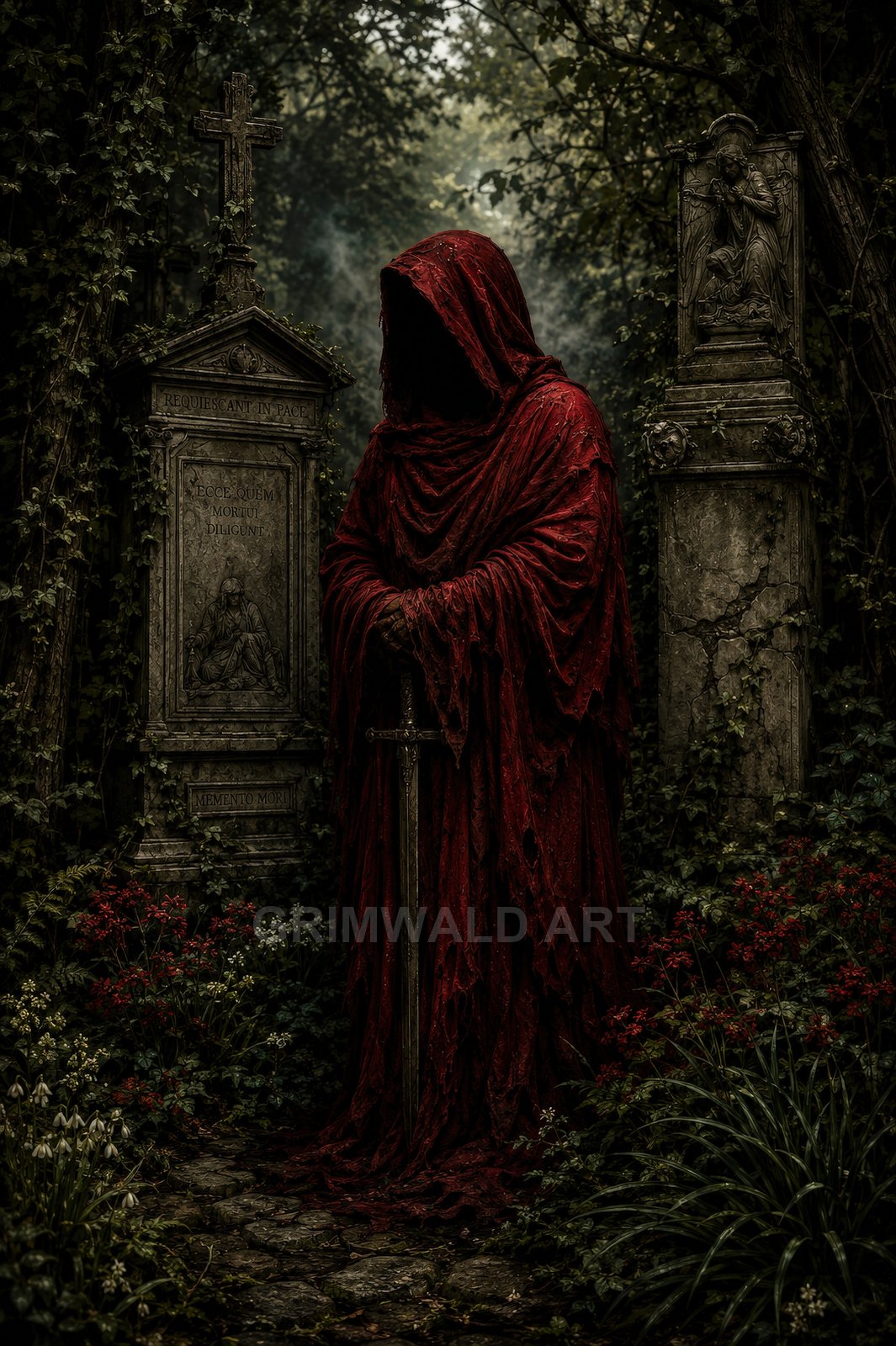 A hooded figure in tattered crimson robes grips a longsword amid ivy-clad tombstones and wildflowers in a shadowy, overgrown graveyard at twilight.
