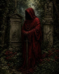 GRID THUMBNAIL — A hooded figure in tattered crimson robes grips a longsword amid ivy-clad tombstones and wildflowers in a shadowy, overgrown graveyard at twilight.