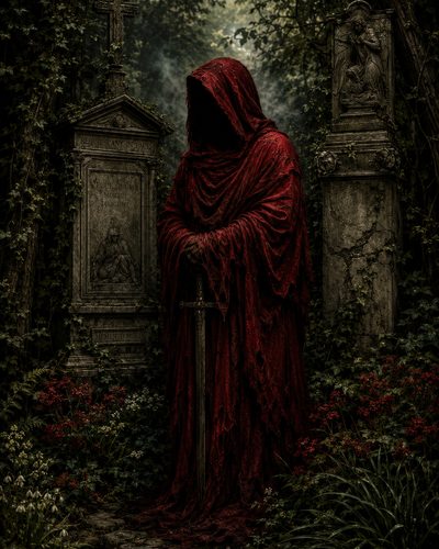 GRID THUMBNAIL — A hooded figure in tattered crimson robes grips a longsword amid ivy-clad tombstones and wildflowers in a shadowy, overgrown graveyard at twilight.