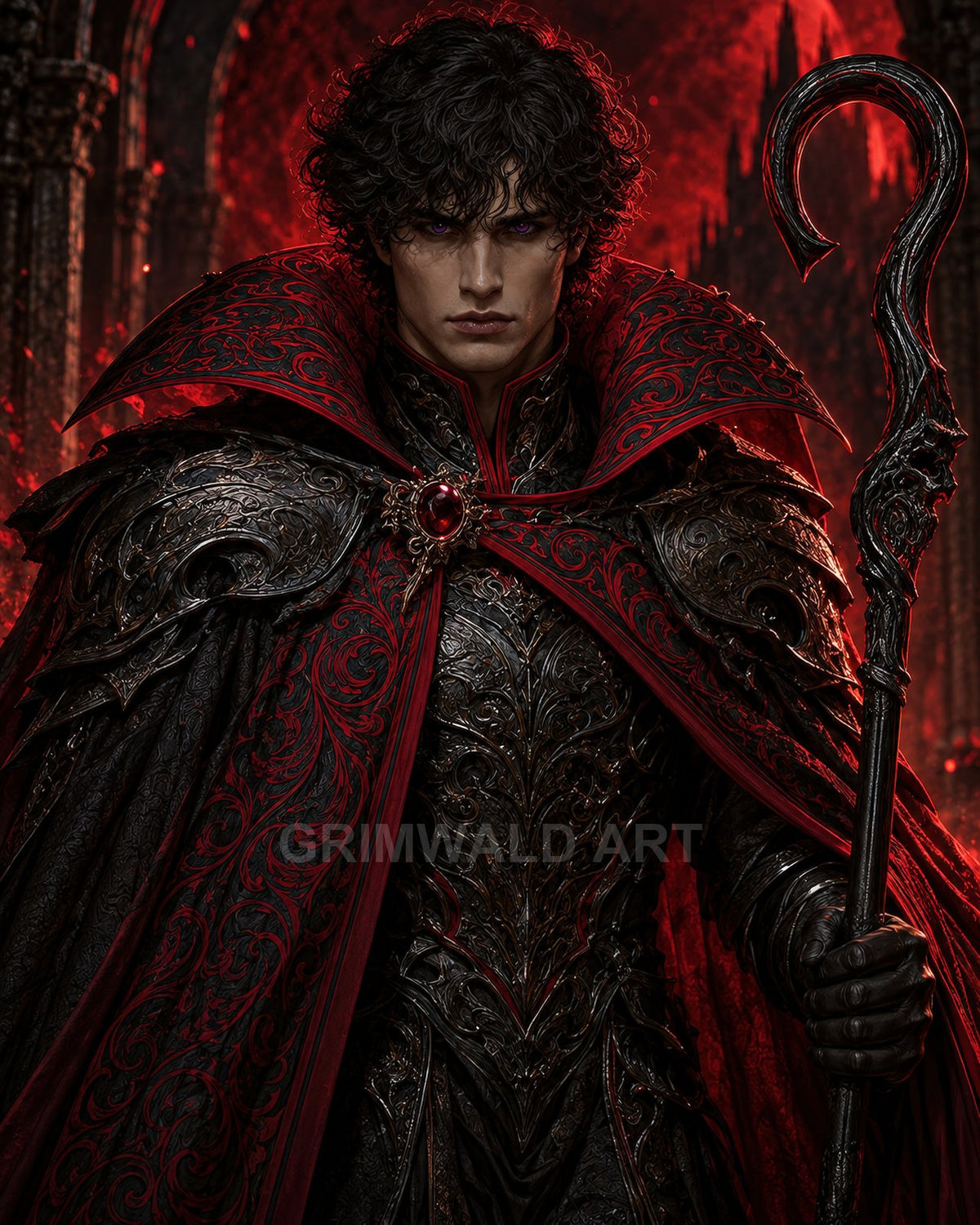 Dark-haired male warlock in ornate black and red gothic armour holds a hooked staff, standing before a fiery cathedral interior with glowing purple eyes.