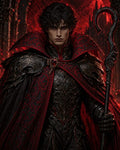 GRID THUMBNAIL — Dark-haired male warlock in ornate black and red gothic armour holds a hooked staff, standing before a fiery cathedral interior with glowing purple eyes.