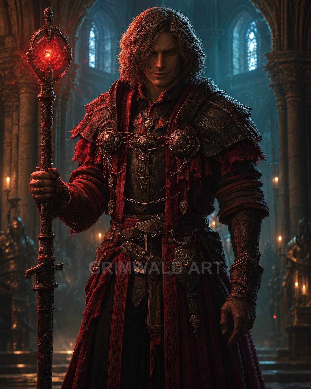 A male human warlock in red robes and ornate armour stands in a gothic cathedral, holding a staff with a glowing red crystal.