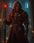 GRID THUMBNAIL — A male human warlock in red robes and ornate armour stands in a gothic cathedral, holding a staff with a glowing red crystal.