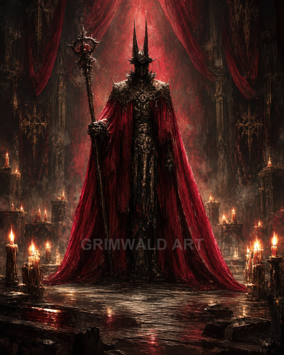Armoured dark warlock with spiked helm and red cloak holds a staff, standing amid candles in a gothic cathedral draped with crimson curtains.