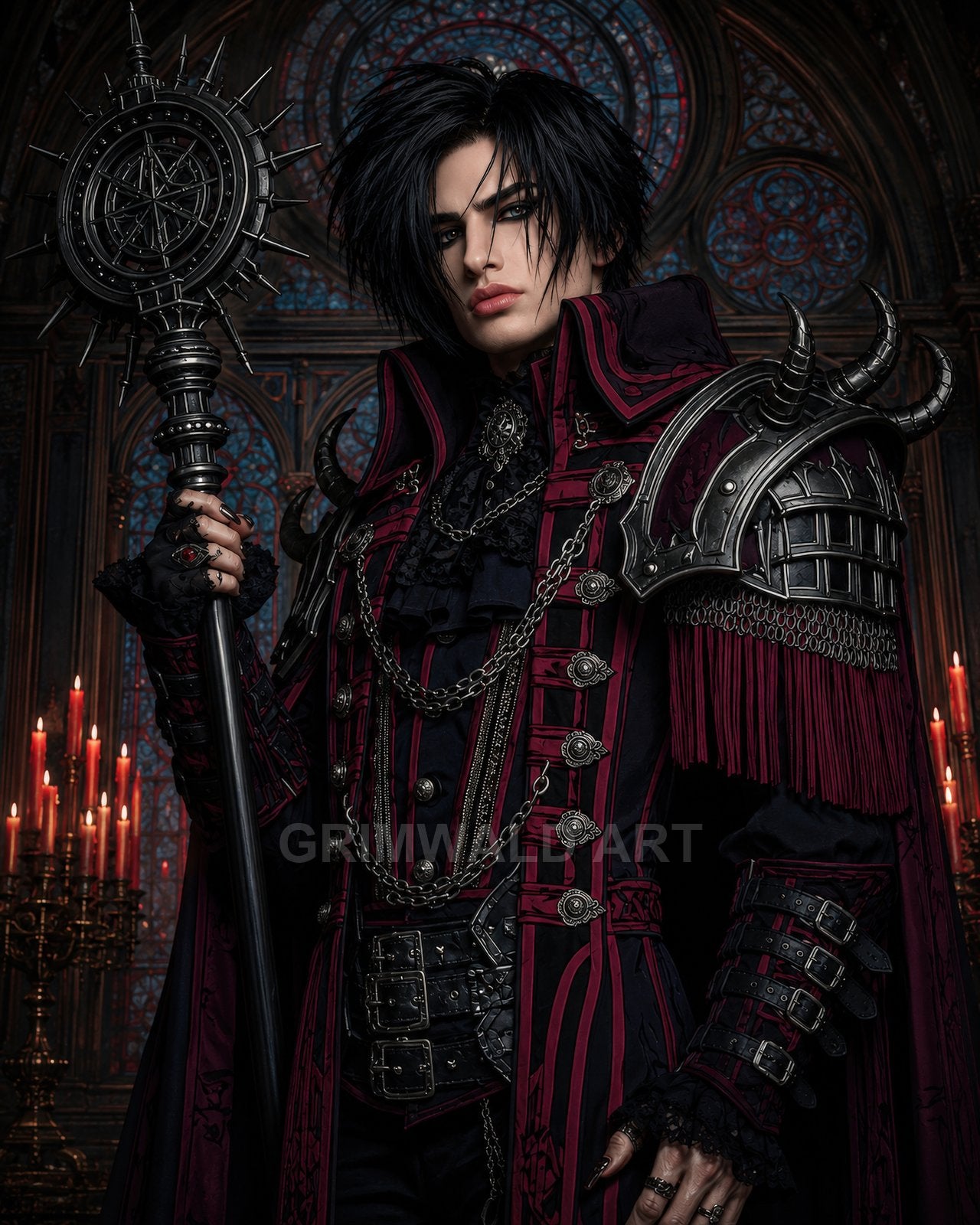A gothic, androgynous warlock in crimson-trimmed black armour holds a spiked ritual staff amid candles and stained glass inside a grand cathedral.