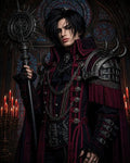 GRID THUMBNAIL — A gothic, androgynous warlock in crimson-trimmed black armour holds a spiked ritual staff amid candles and stained glass inside a grand cathedral.