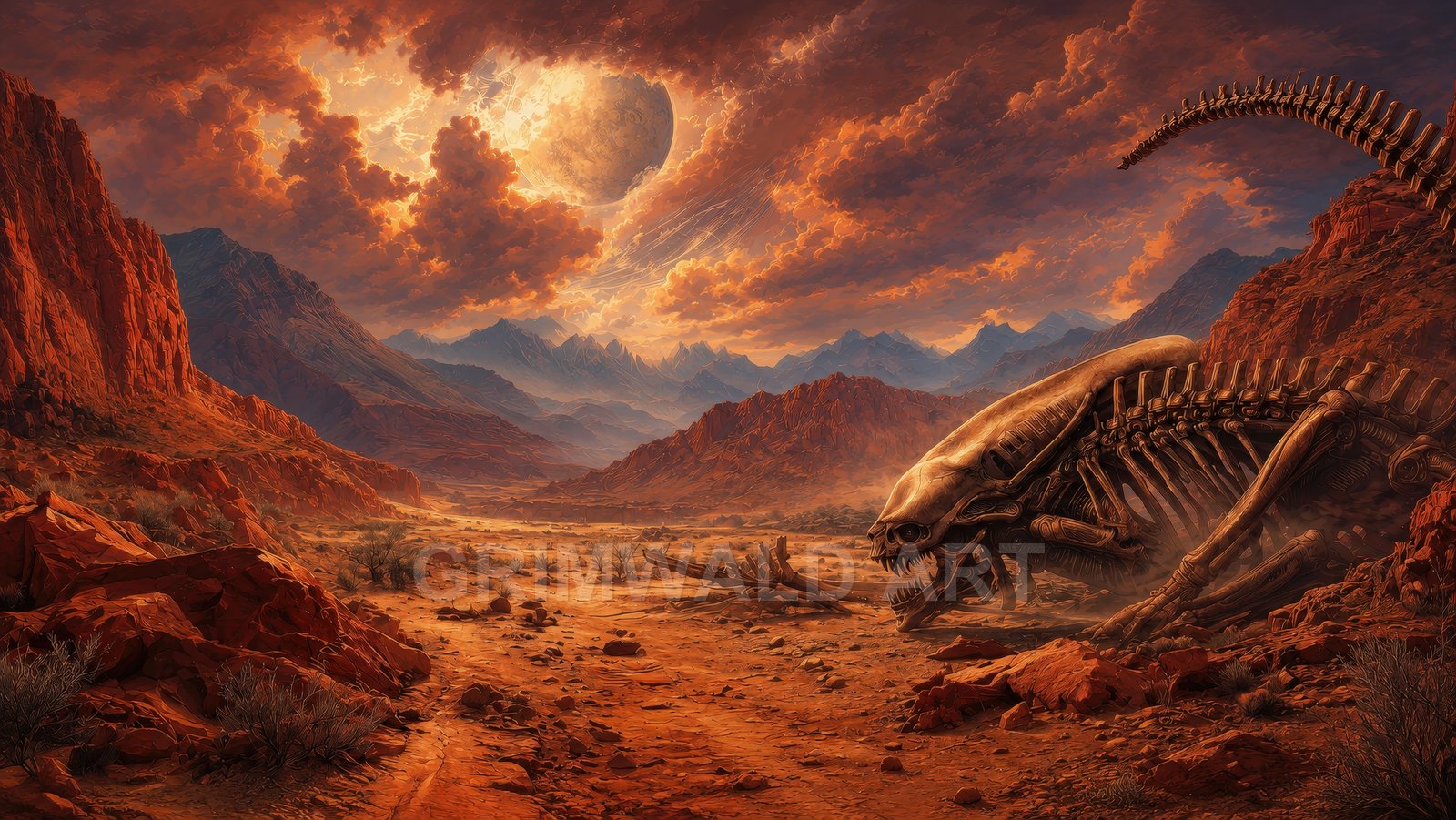 Expansive red desert canyon with distant mountains at sunset, a looming cracked moon above, and a colossal dragon-like skeleton curled in the foreground.