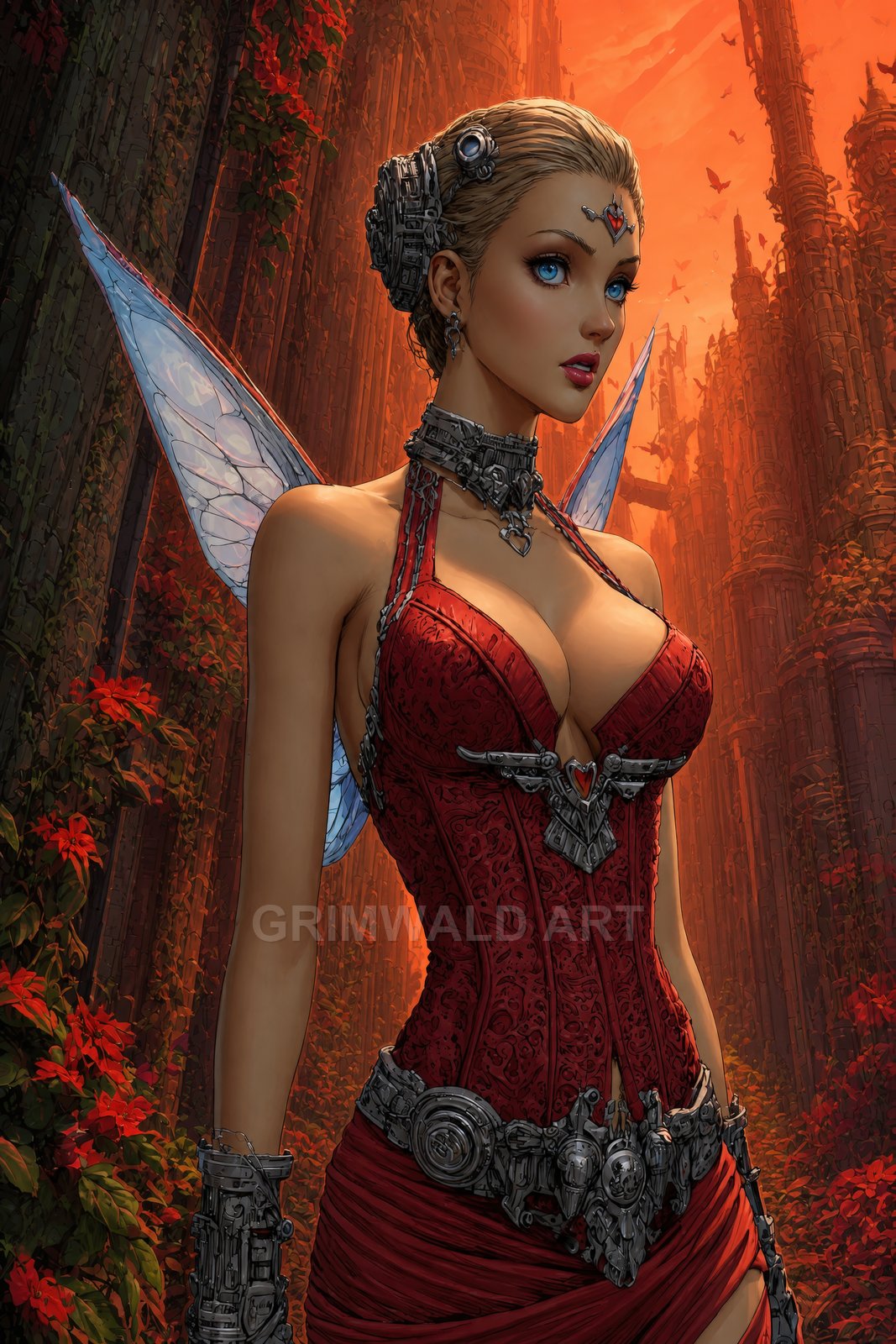 Blue-eyed fairy woman in a red steampunk corset with translucent wings and mechanical adornments, before overgrown, orange-lit gothic city ruins.