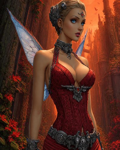 GRID THUMBNAIL — Blue-eyed fairy woman in a red steampunk corset with translucent wings and mechanical adornments, before overgrown, orange-lit gothic city ruins.