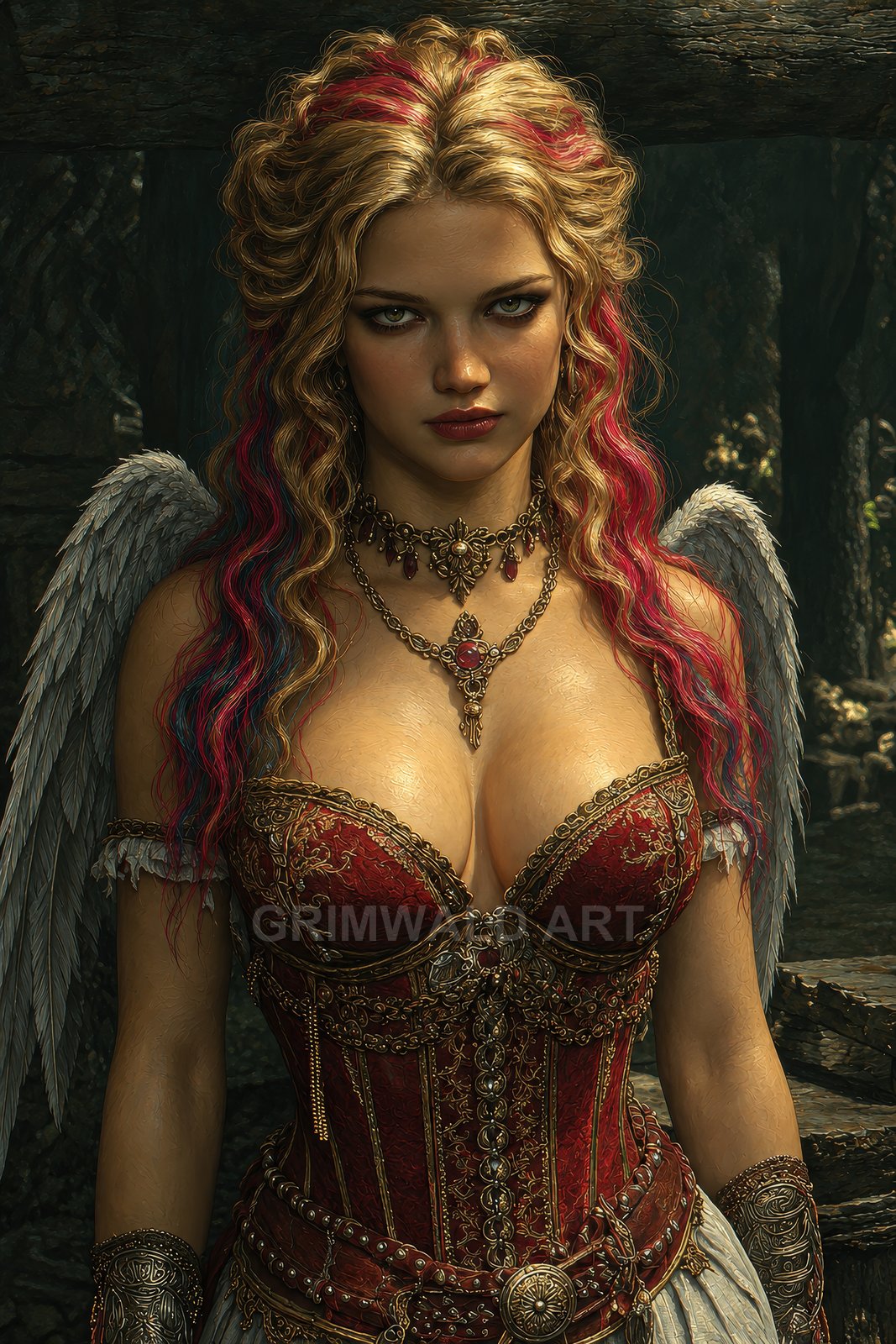 A winged, blonde woman with red hair streaks in an ornate red corset and jewellery stands before mossy stone ruins in forest.
