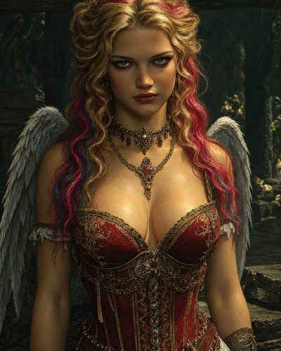 GRID THUMBNAIL — A winged, blonde woman with red hair streaks in an ornate red corset and jewellery stands before mossy stone ruins in forest.