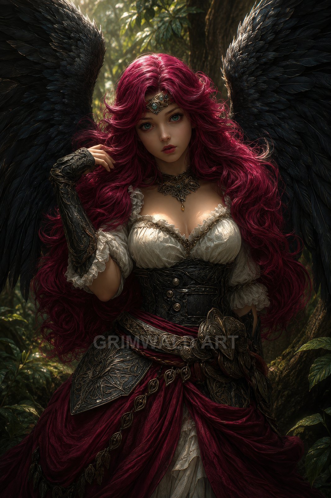 A winged woman with crimson hair and black feathers stands in a sunlit forest, wearing ornate armour, corset, and a jewelled tiara.
