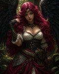 GRID THUMBNAIL — A winged woman with crimson hair and black feathers stands in a sunlit forest, wearing ornate armour, corset, and a jewelled tiara.