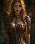 GRID THUMBNAIL — Portrait of a red-haired armoured woman with feathered wings, ornate metal and leather corset, standing before weathered stone in warm golden light.