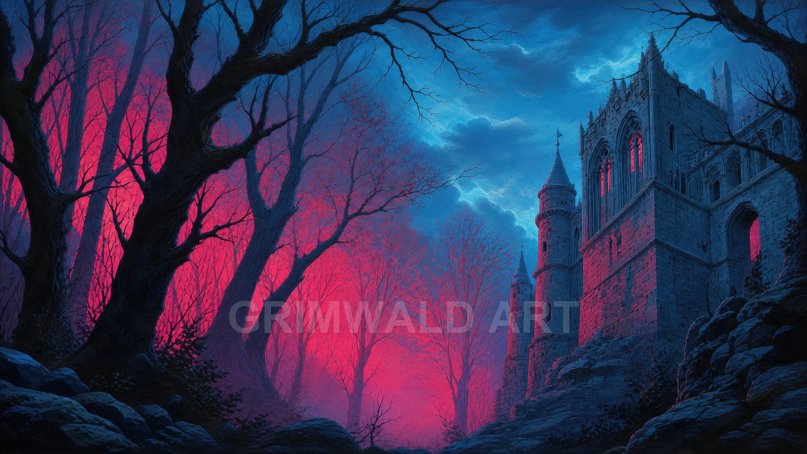 Gothic stone castle with red-lit windows rises beside a leafless forest glowing magenta under a blue moonlit sky, creating an eerie fantasy landscape.