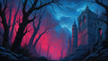 GRID THUMBNAIL — Gothic stone castle with red-lit windows rises beside a leafless forest glowing magenta under a blue moonlit sky, creating an eerie fantasy landscape.