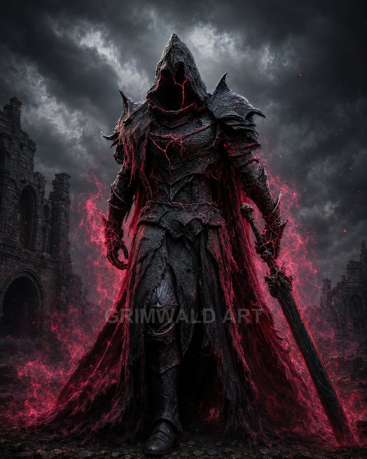 Armoured hooded figure wreathed in crimson energy holding a greatsword, standing before gothic ruins under stormy clouds, dark fantasy character.